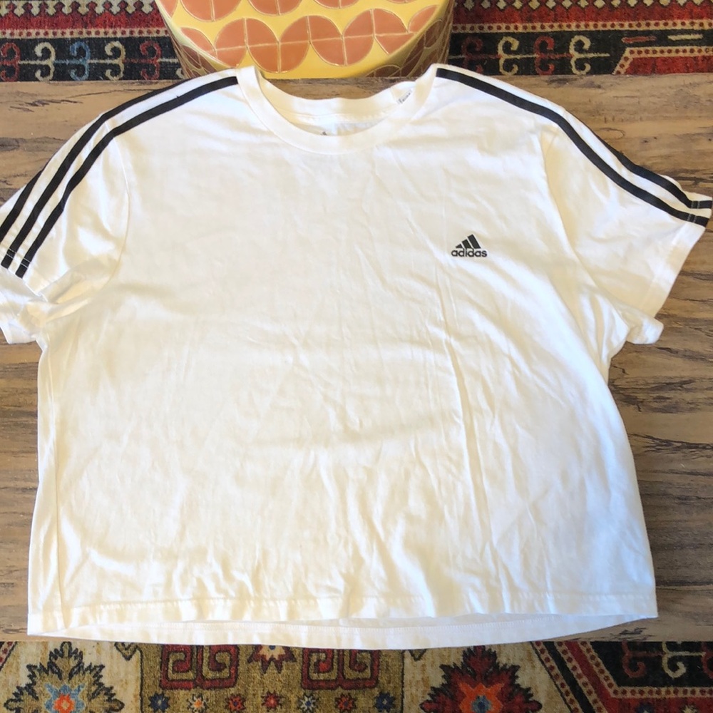 🧡4/$20🧡Adidas White and Black Tee - Long Crop with Iconic Stripes